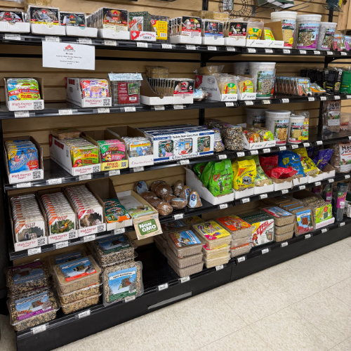 Retail shelf stocked with a variety of wild bird seed, suet cakes, mealworms, nuts, and bird-feeding supplies for attracting backyard birds.