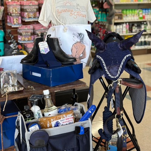 In store display of show horse head gear, halter and lead, products carrier