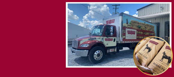 Maroon background square frame with stoltzfus delivery truck backed to warehouse circle contains Stoltzfus horse feed linking to Delivery Page