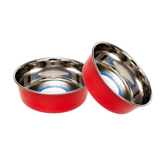 Country Living Set of 2 Heavy Gauge Non Skid Stainless Steel Dog Bowls